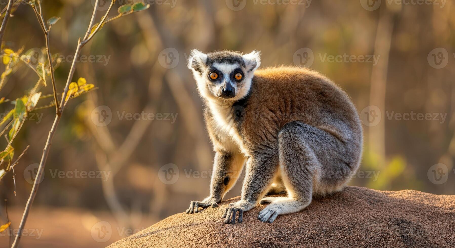Curious lemur in natural habitat amidst warm, sunlit surroundings for wildlife enthusiasts and nature guides photo