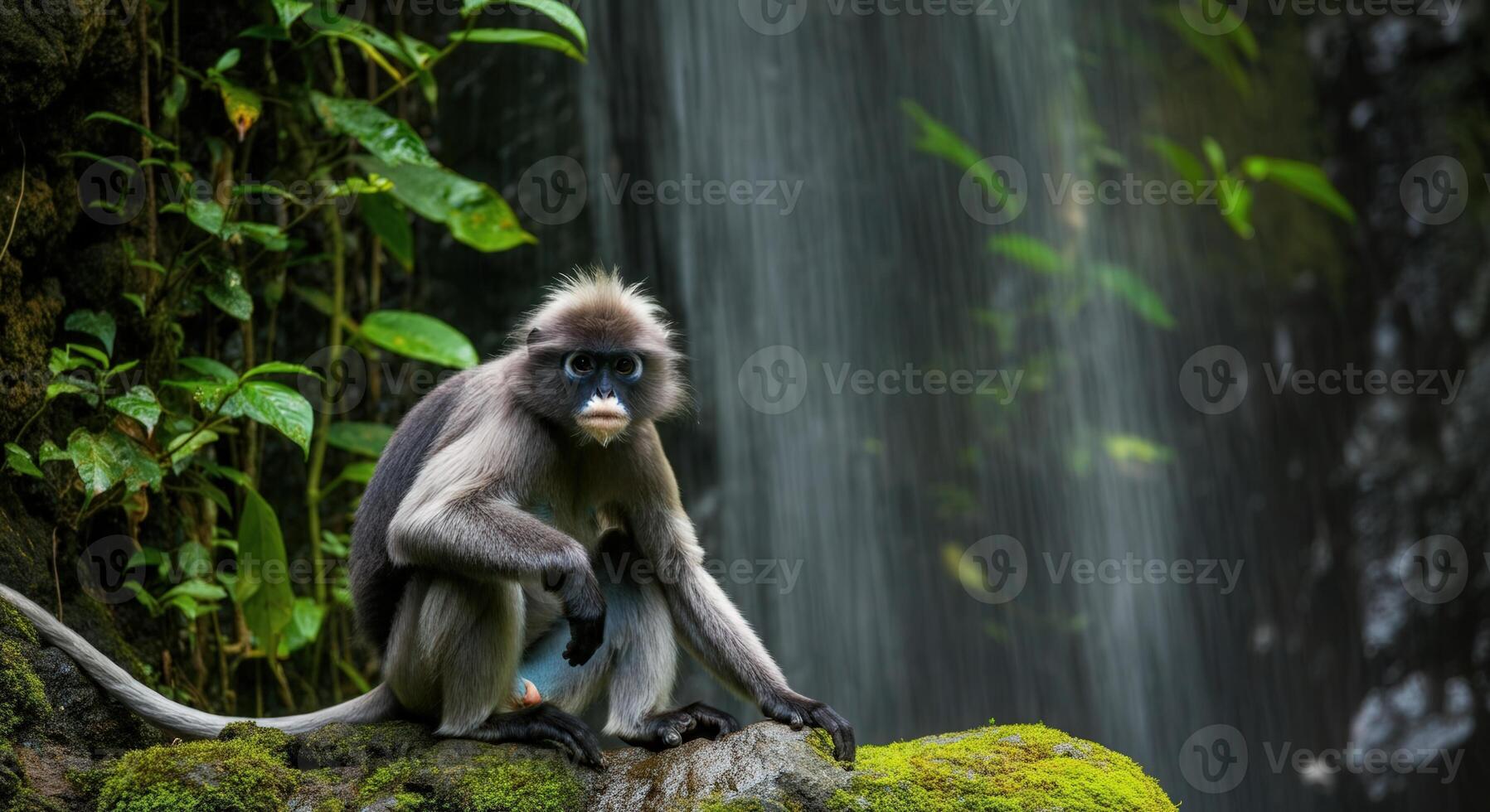 Gray langur in lush forest setting near waterfall in tropical jungle photo