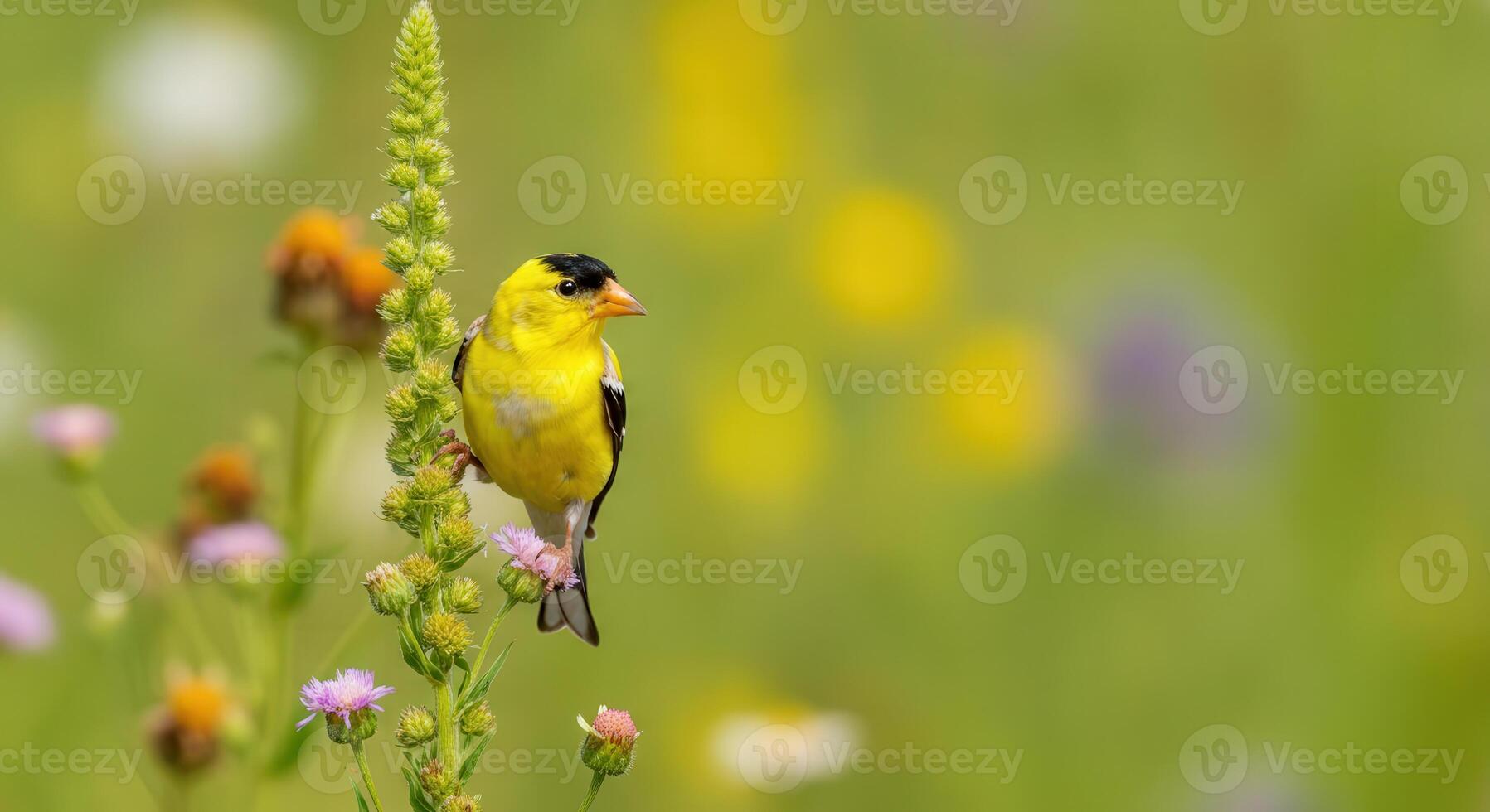 American goldfinch perched amidst vibrant wildflowers in summer meadow scene photo