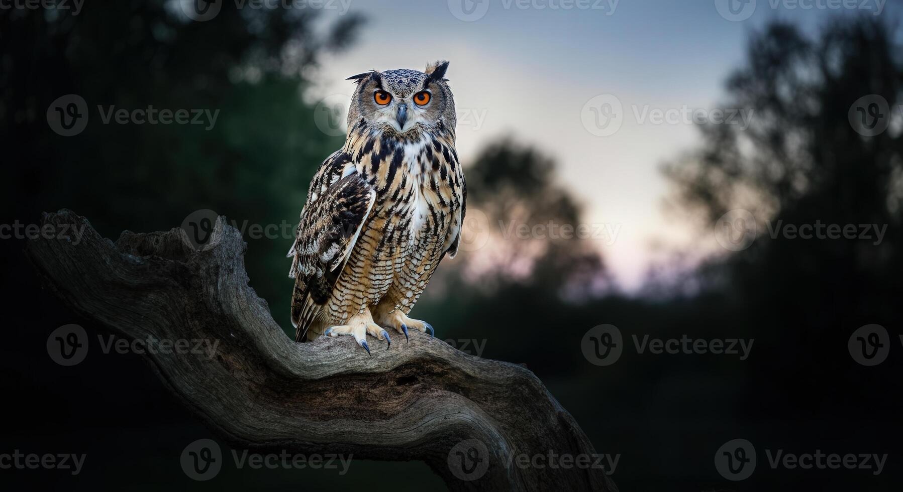 Majestic eurasian owl perched on tree branch at twilight in enchanting forest setting photo