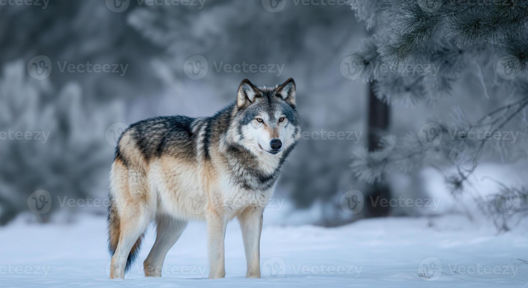 Majestic lone wolf in snowy forest landscape during winter season photo