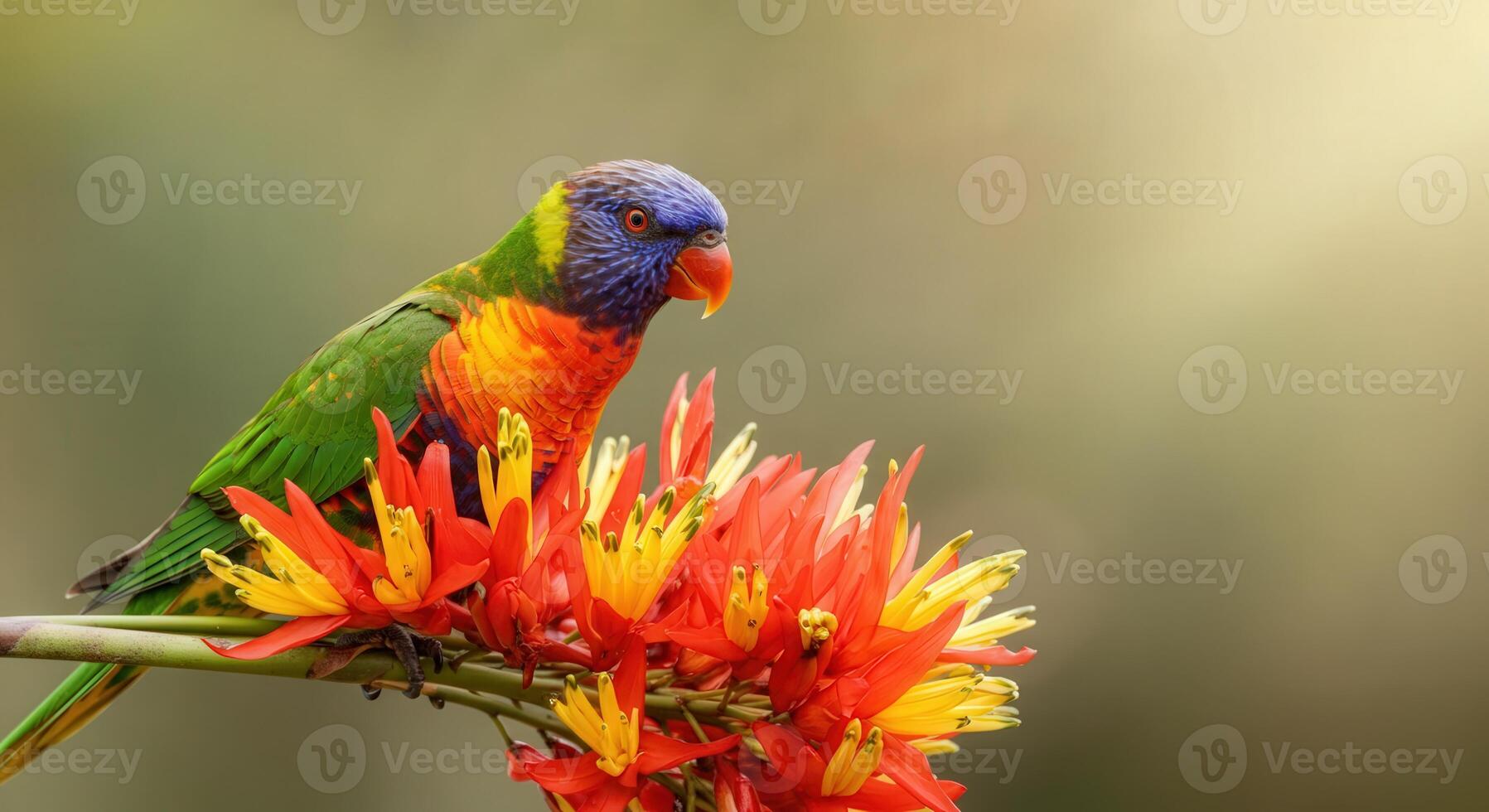 Vibrant rainbow lorikeet perched on colorful blossoms in lush garden setting photo