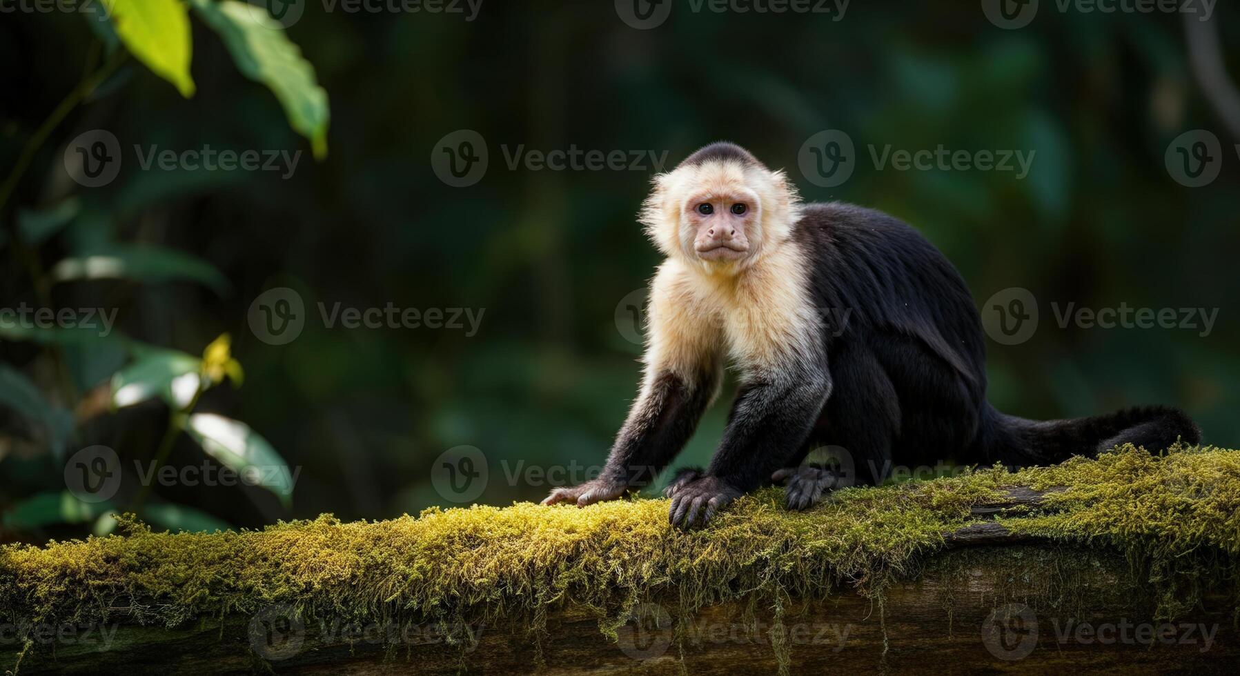 Capuchin monkey in lush rainforest setting with mossy log photo