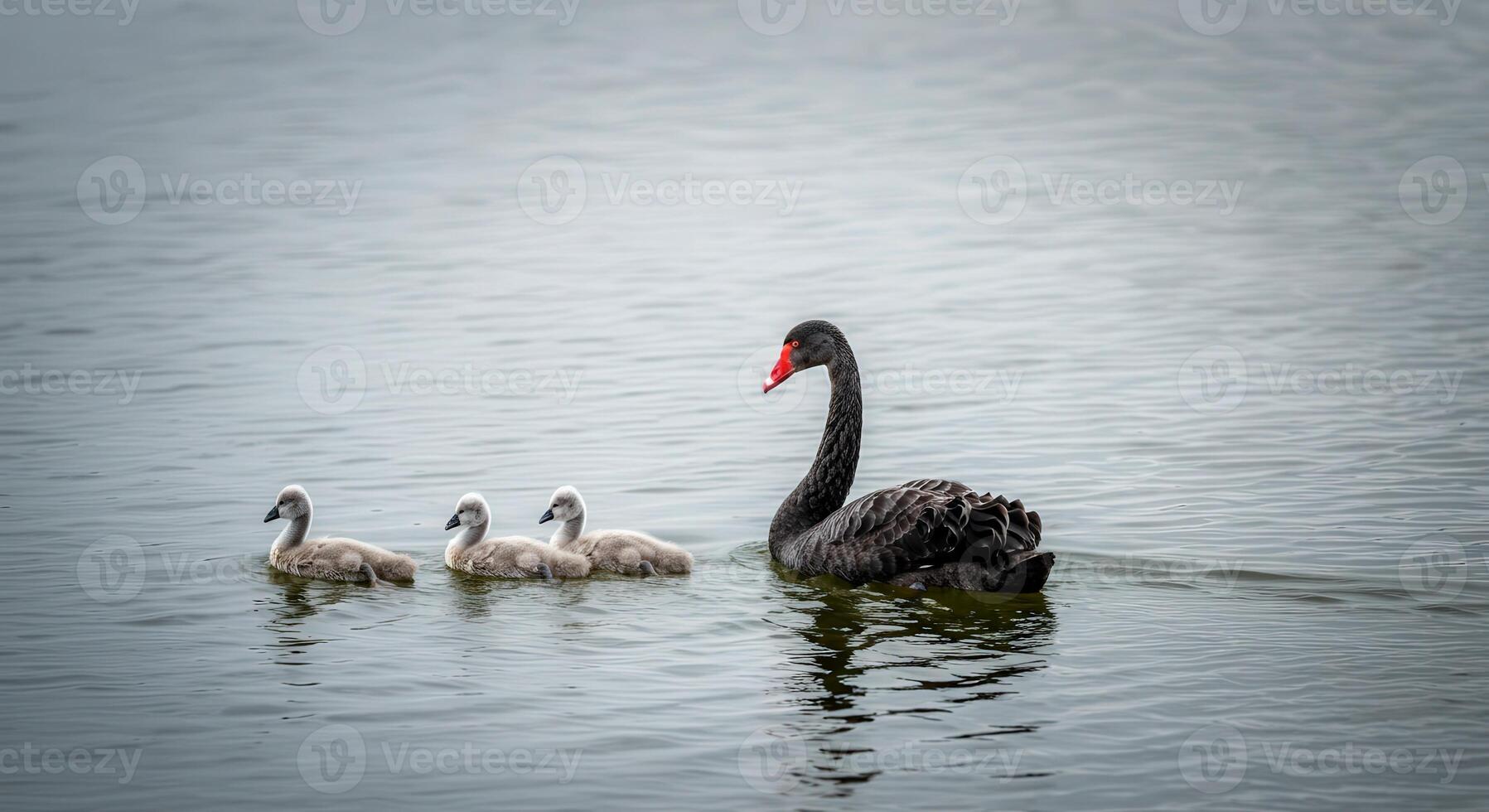 Serene lake scene with black swan and cygnets gliding together in harmony photo