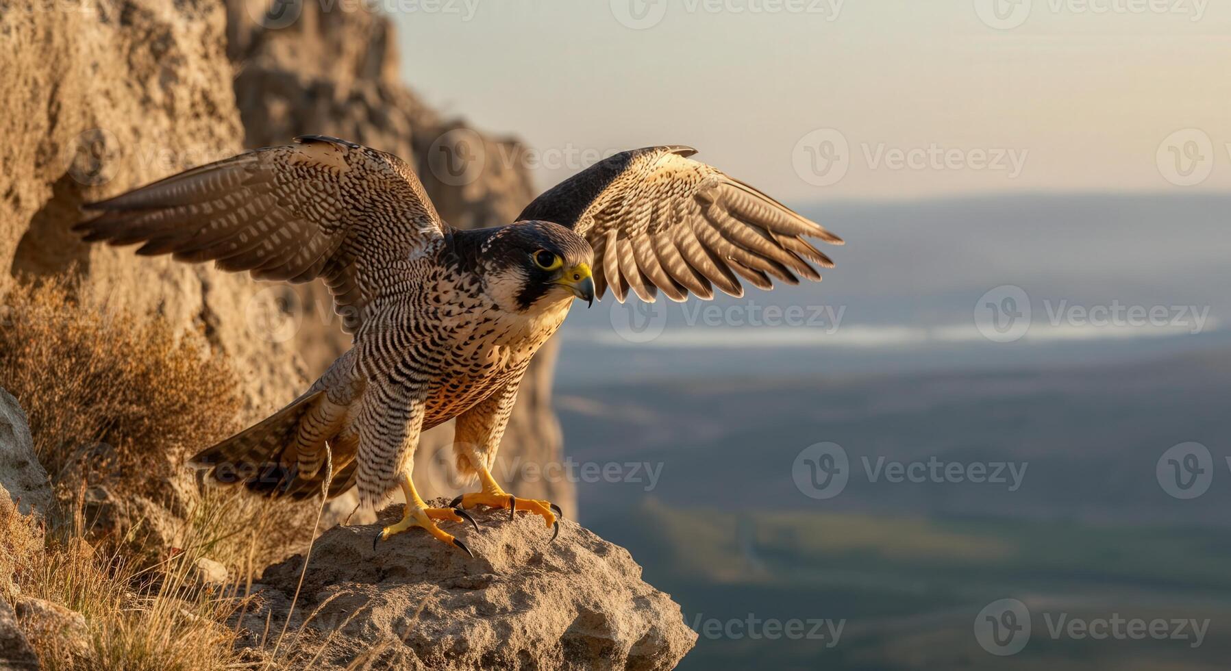 Majestic peregrine falcon in natural cliffside habitat at sunrise photo