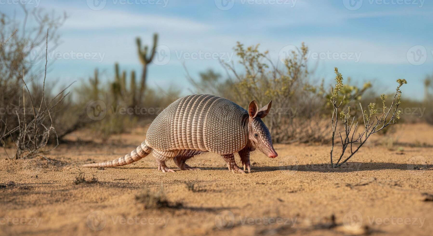 Armadillo in its natural desert habitat amid cacti and open sky photo