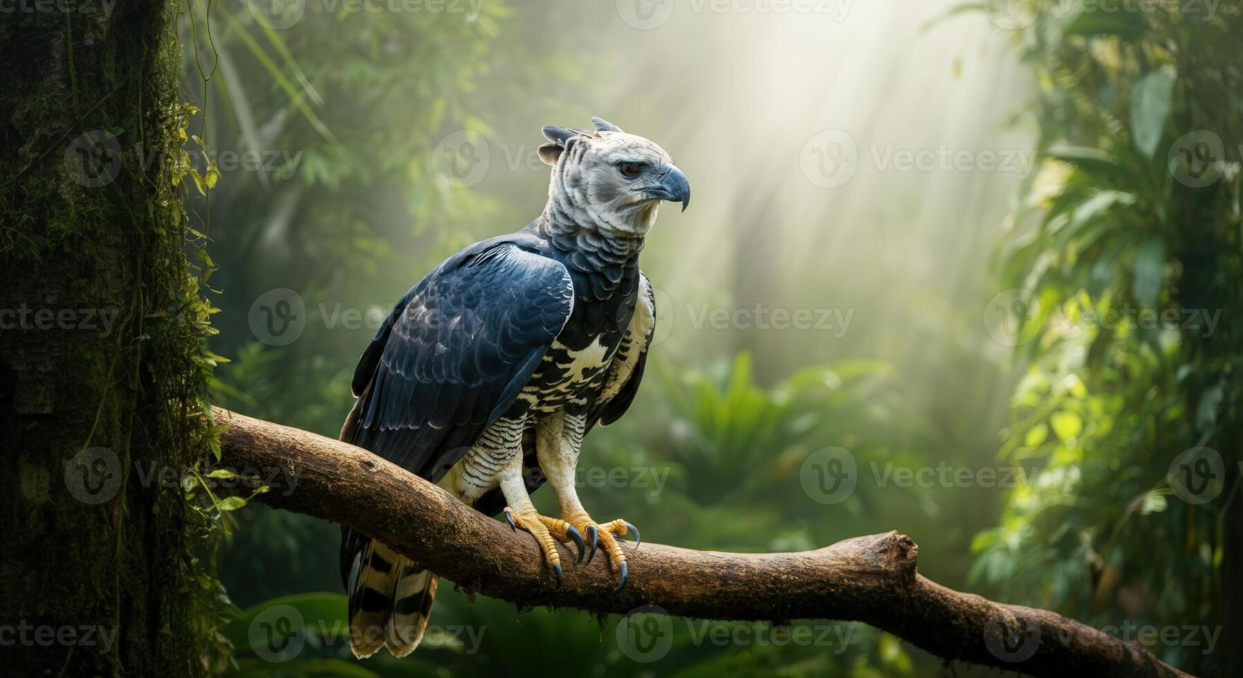 Harpy eagle perched in lush rainforest with sunlight filtering through trees photo