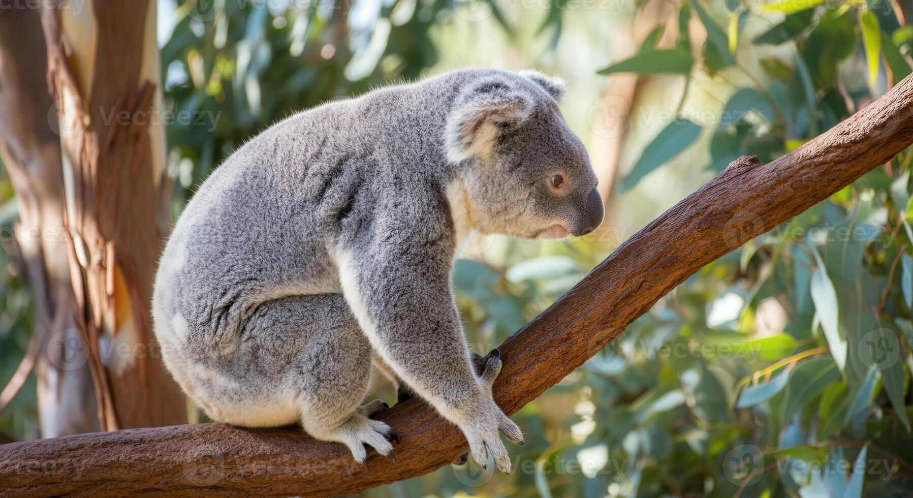 Australian koala resting on eucalyptus tree branch in lush forest environment photo