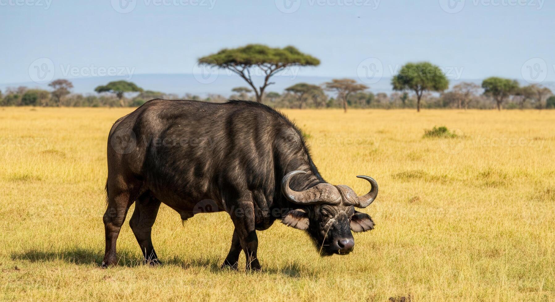 Majestic african buffalo grazing in the savanna ecosystem with acacia trees photo