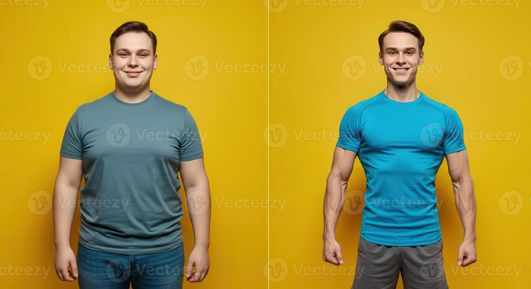 Transformation journey of caucasian young adult male on yellow background for fitness motivation photo
