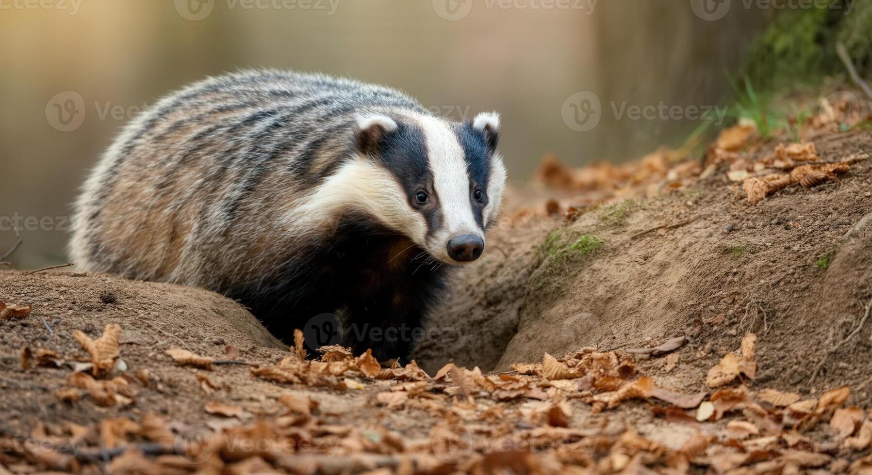 European badger in autumn forest habitat among fallen leaves photo