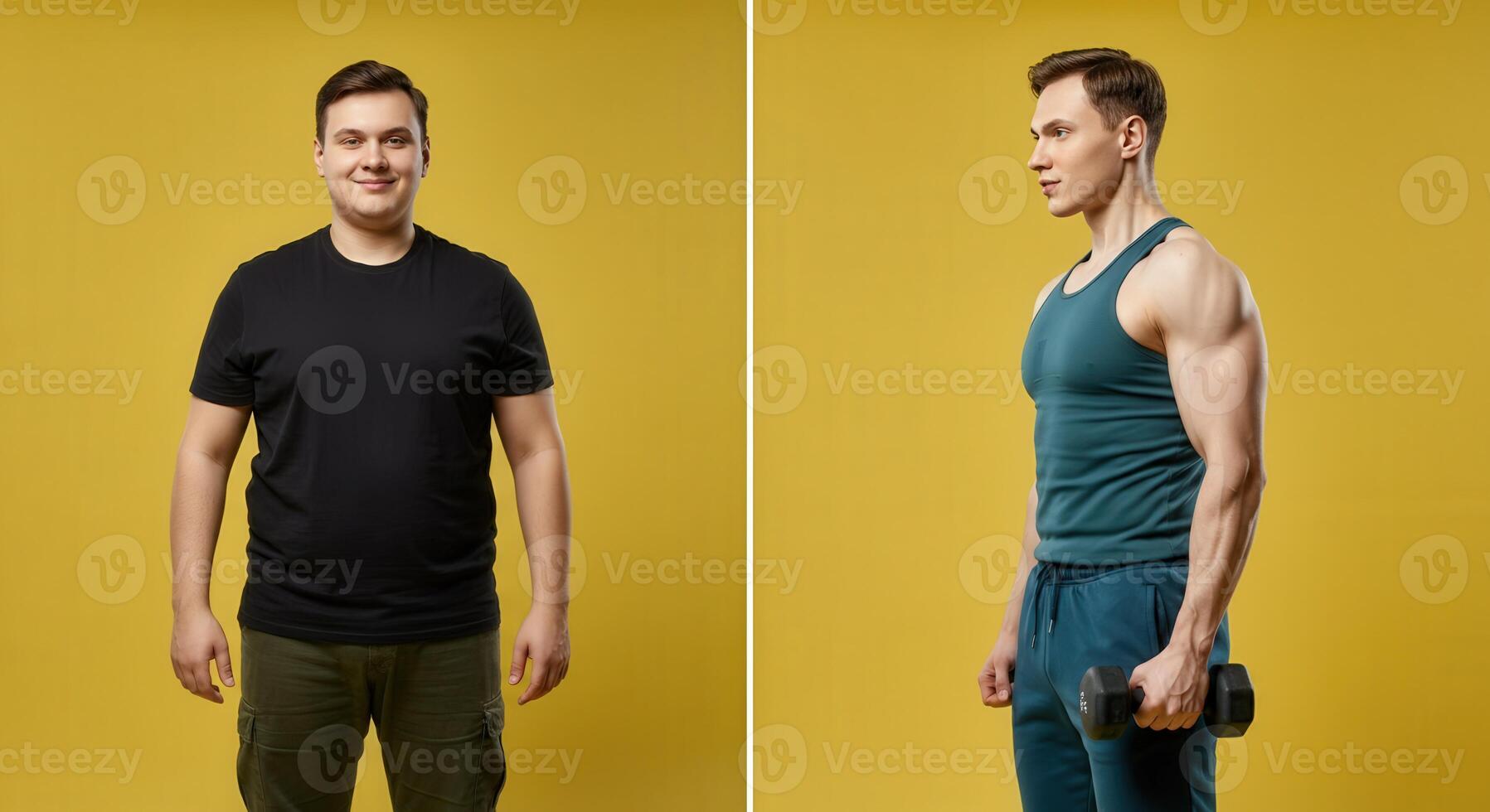 Transformation journey. caucasian male from overweight to fit with strength motivation photo
