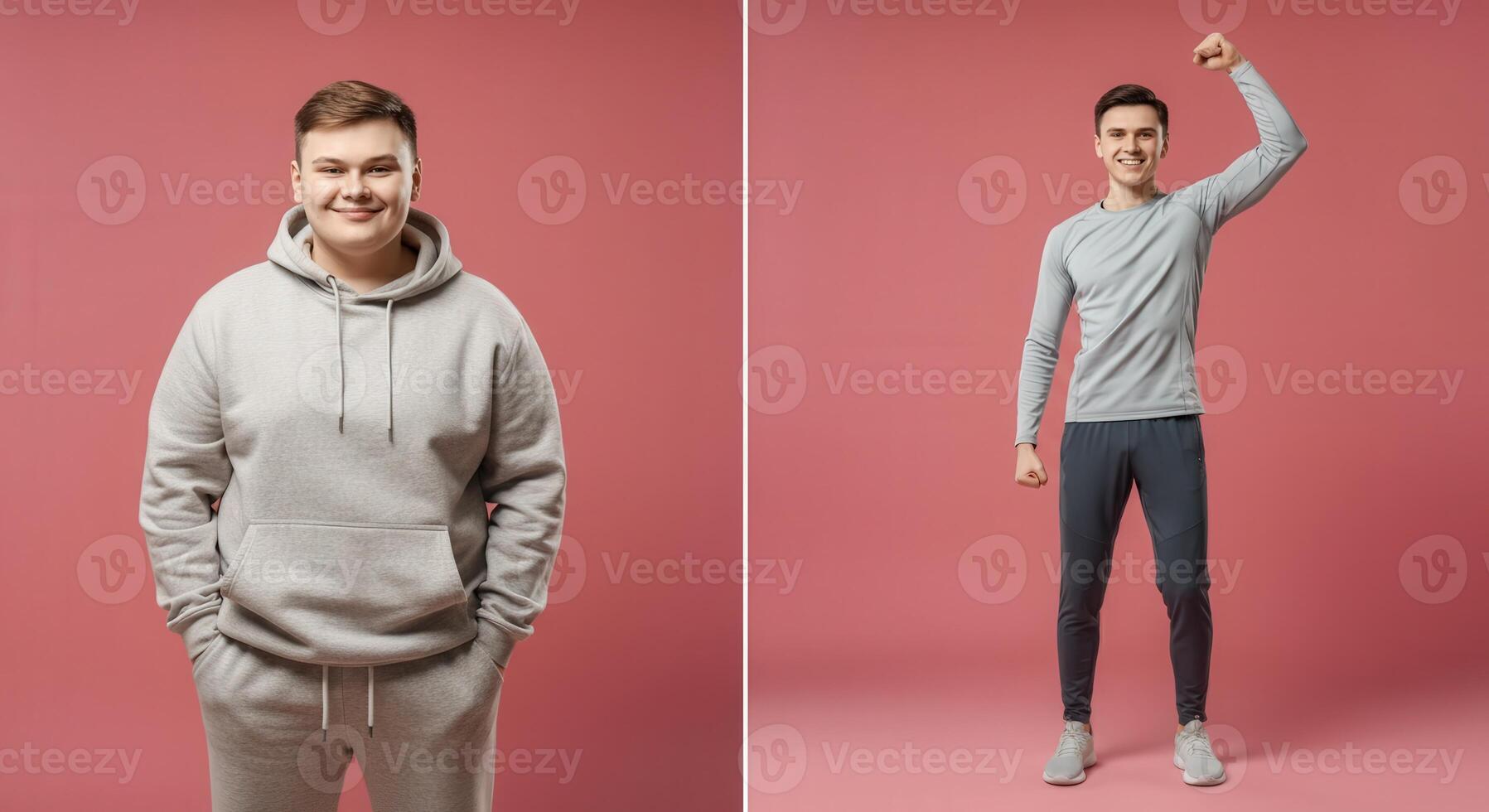 Transformation journey of young caucasian males showing fitness progress before and after on pink background photo