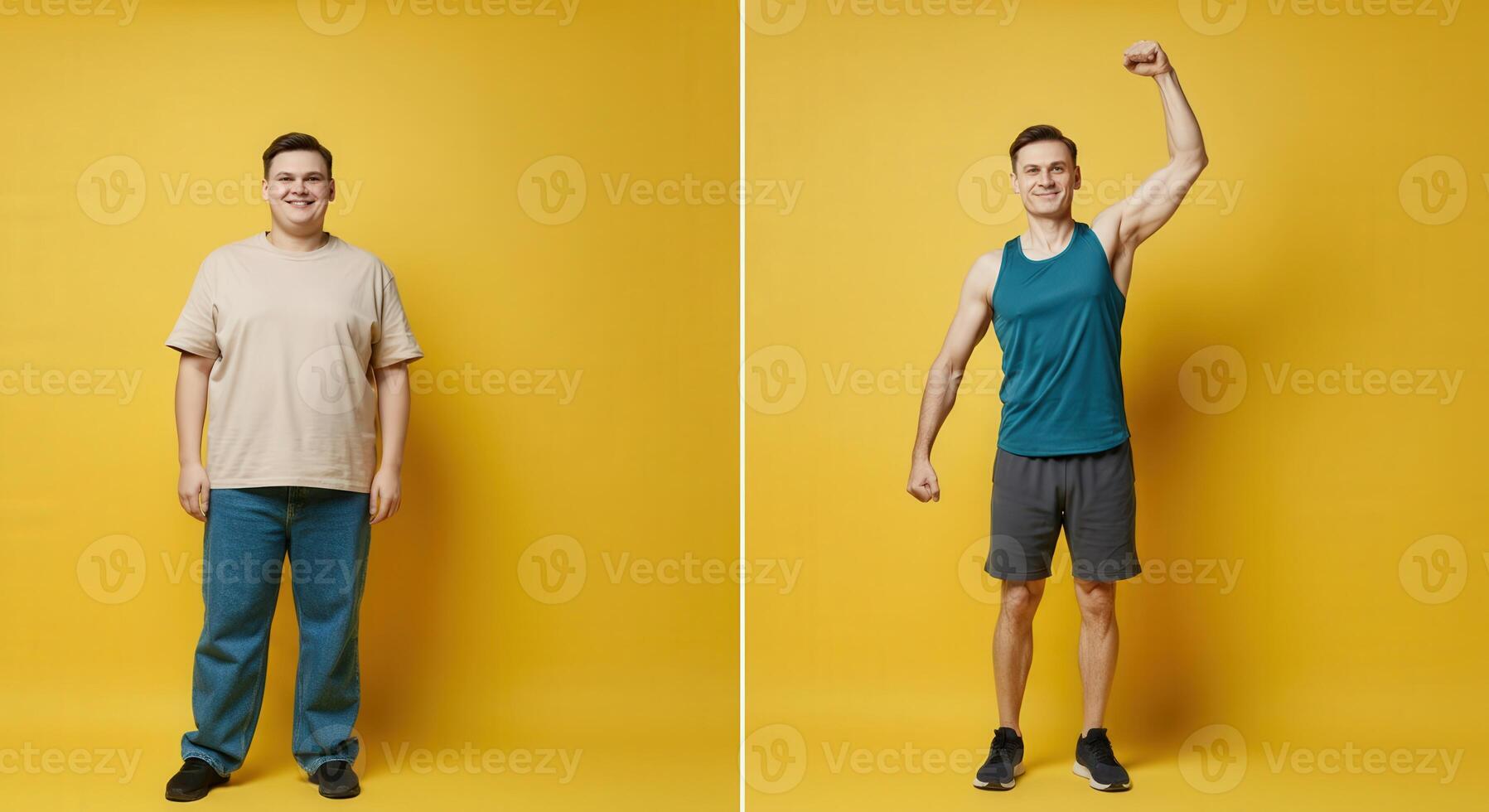 transformación de joven caucásico masculino. desde casual a aptitud entusiasta en amarillo antecedentes foto