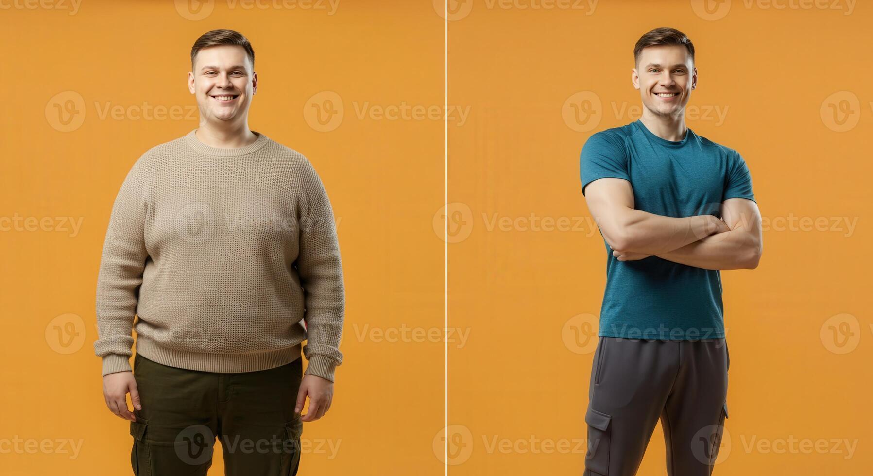 Caucasian male transformation before and after weight loss on orange background photo