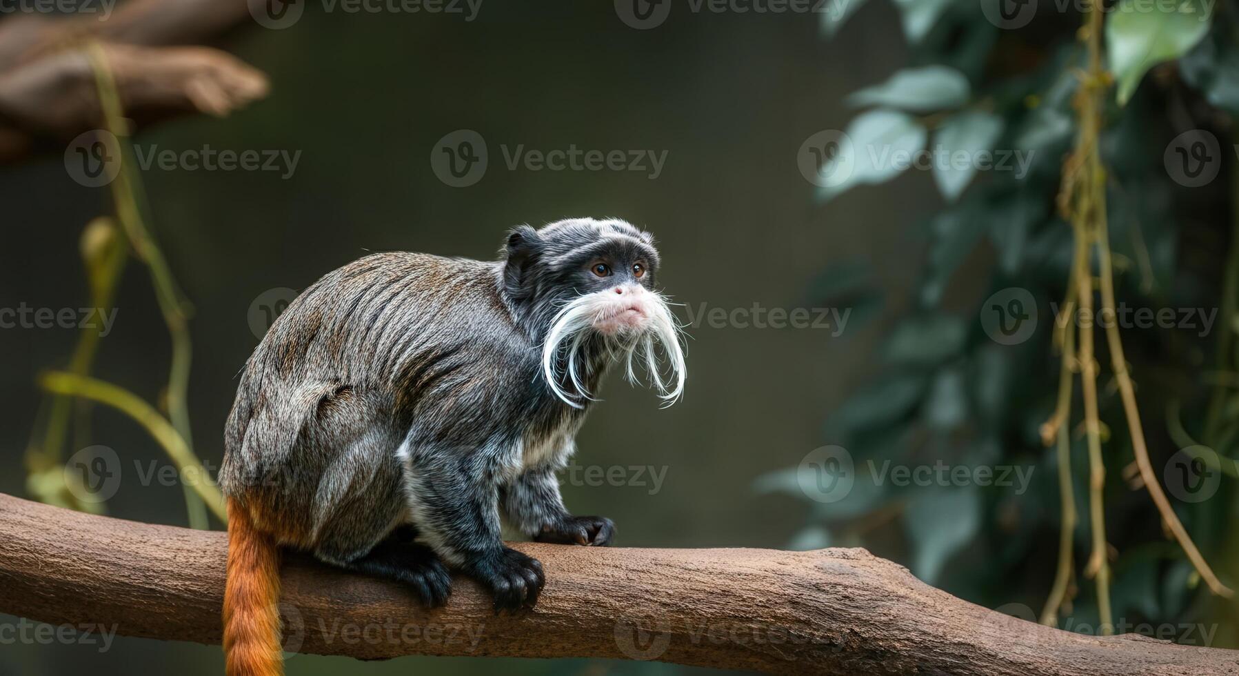Emperor tamarin in lush forest habitat resting on tree branch photo