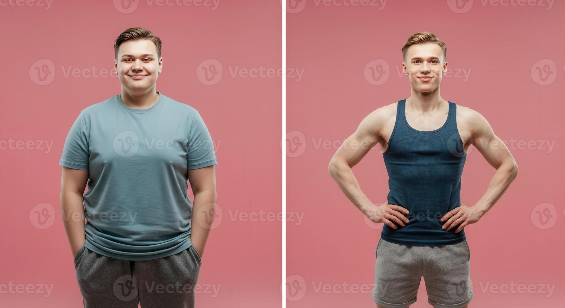 Transformation journey of young caucasian male from overweight to fit on pink background photo