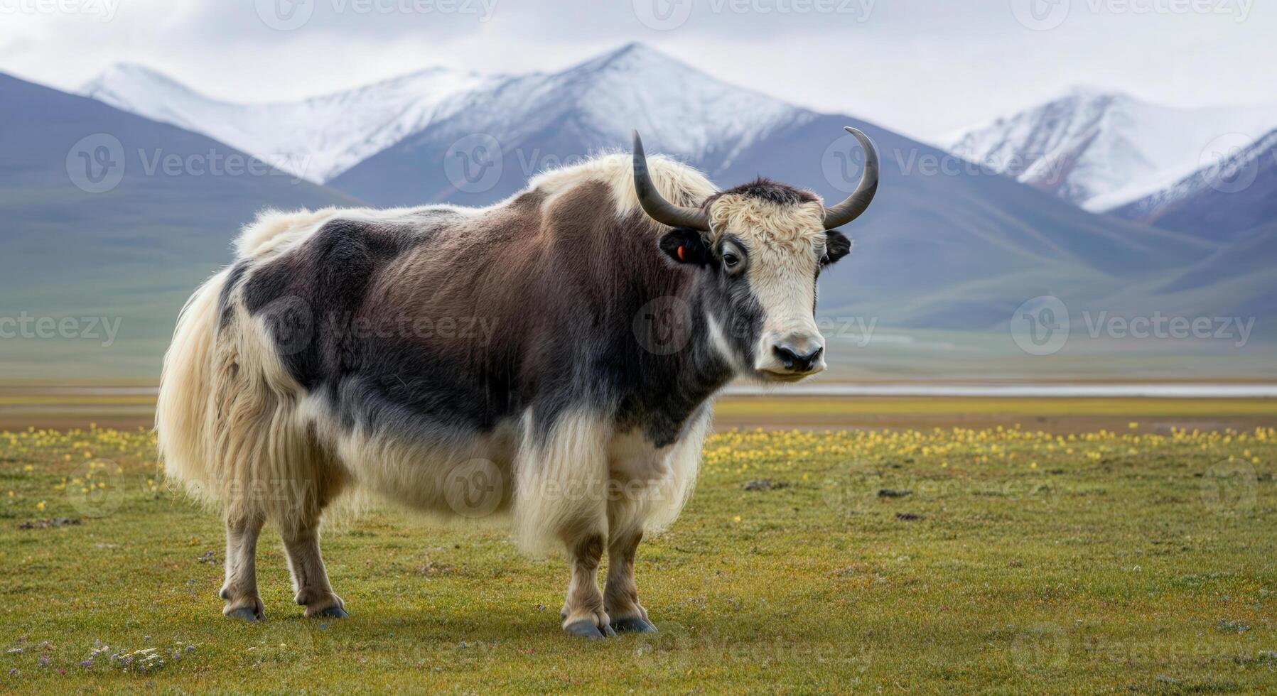 Majestic yak in alpine meadow with snow-capped mountains in the background photo