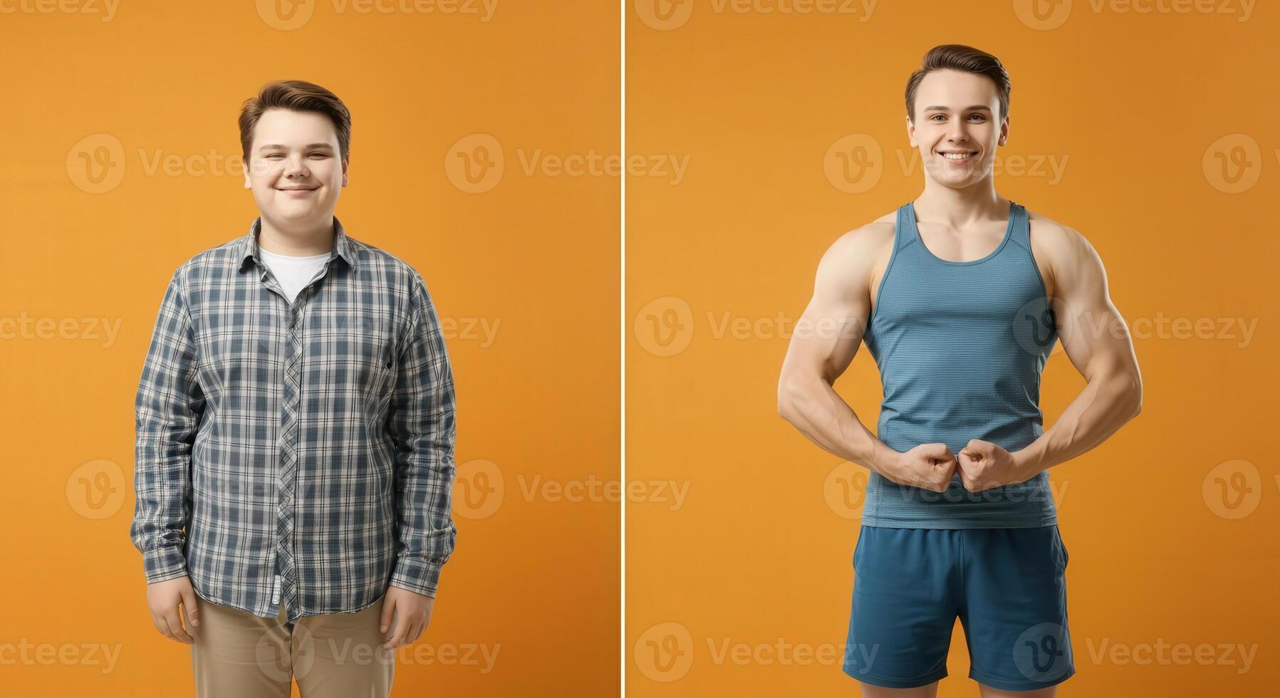 Transformation journey of young caucasian male showing before and after fitness results on orange background photo