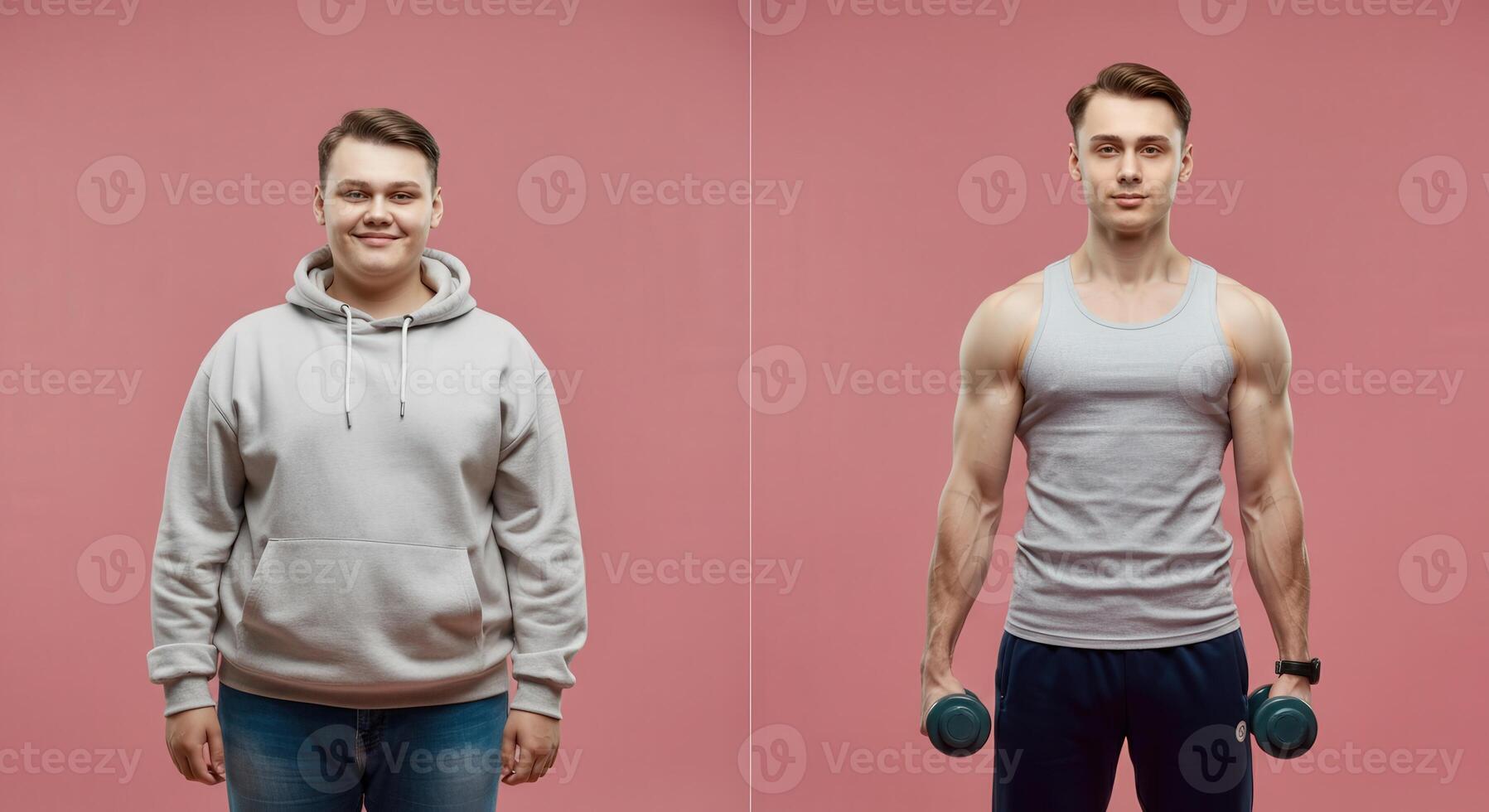 Transformation journey. young caucasian male fitness before and after weight training photo