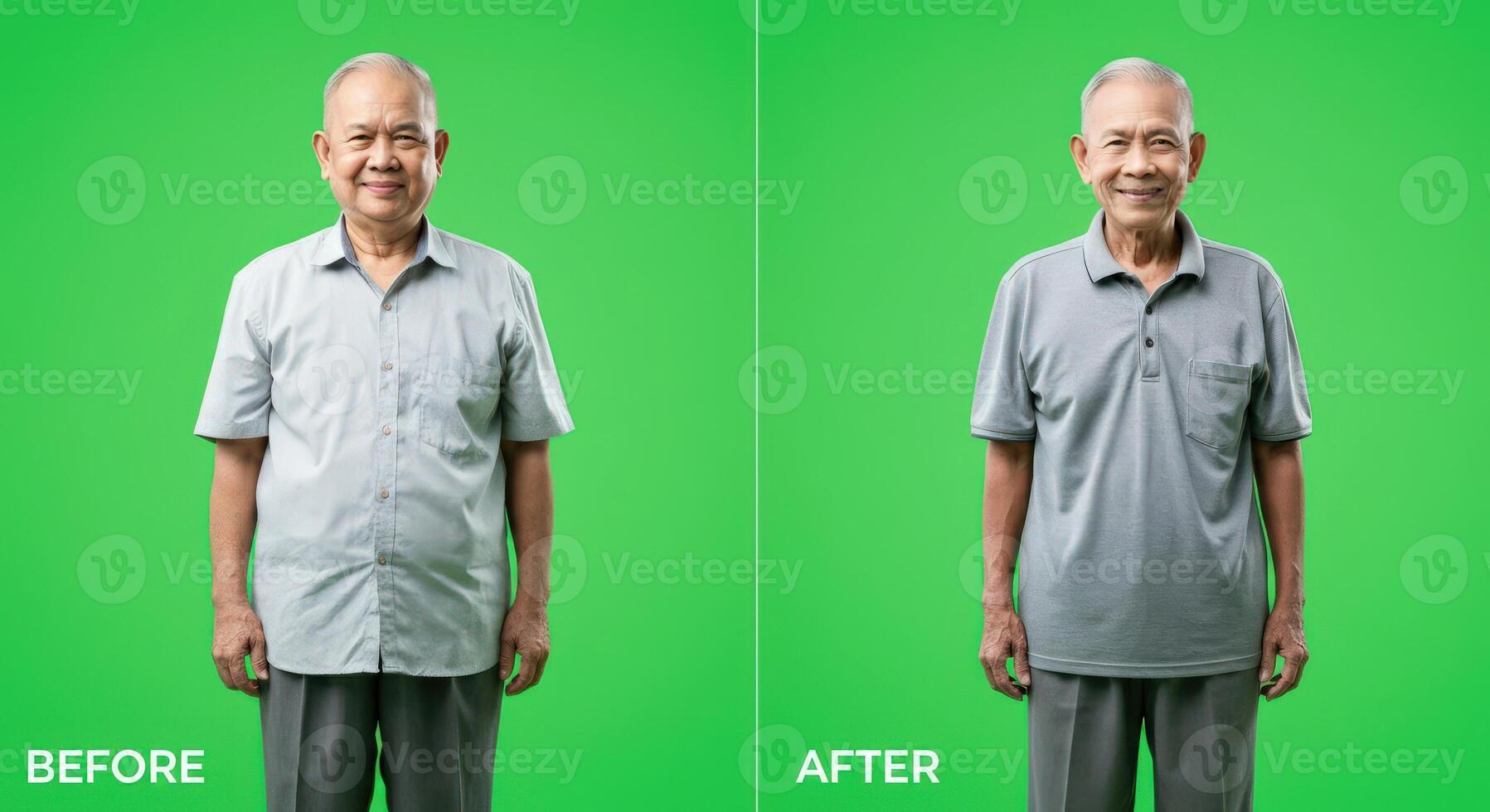Transformation concept with elderly asian man, fitness and health, before and after comparison on green background for wellness and lifestyle design photo