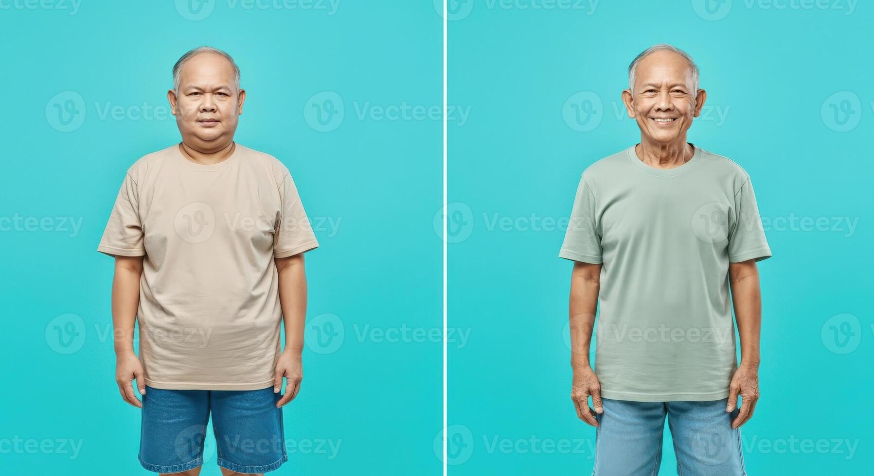 Senior men in casual attire against turquoise background for lifestyle and diversity concepts photo