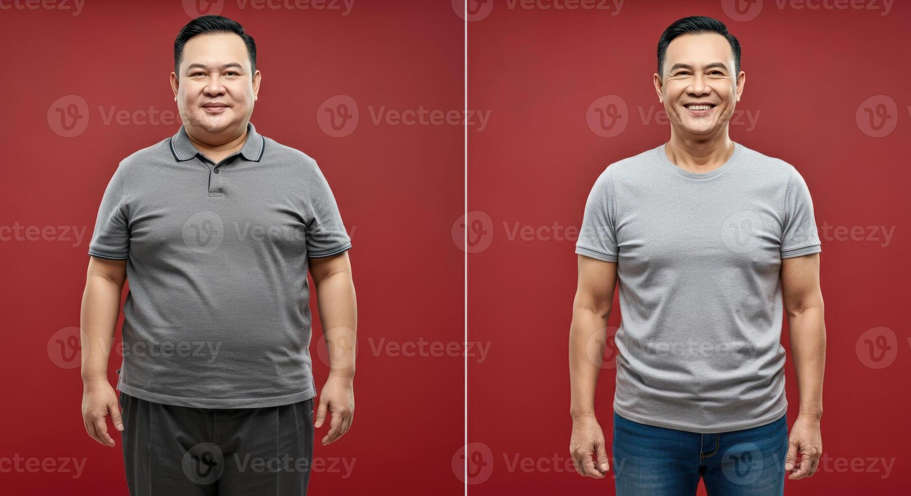 Transformation and wellness concept with diverse asian models in before and after contrast on red background photo