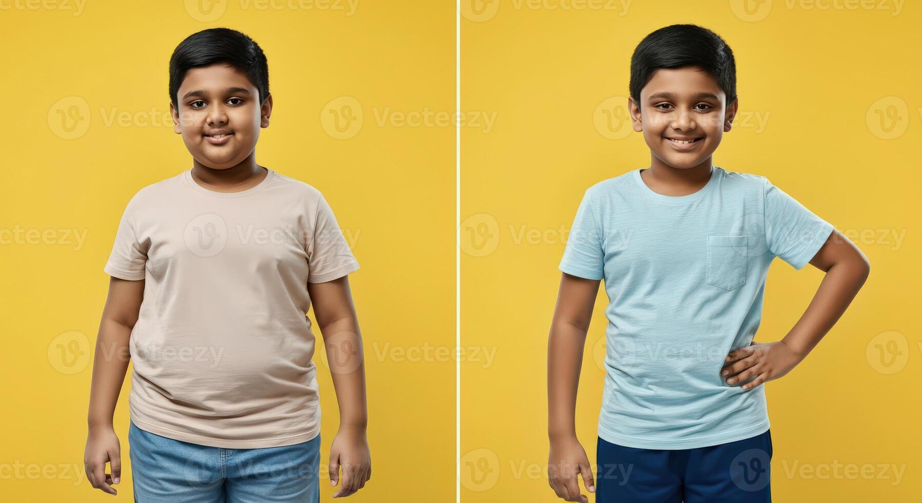 Portrait of two smiling boys in casual clothing against bright yellow background for diverse stock photography photo