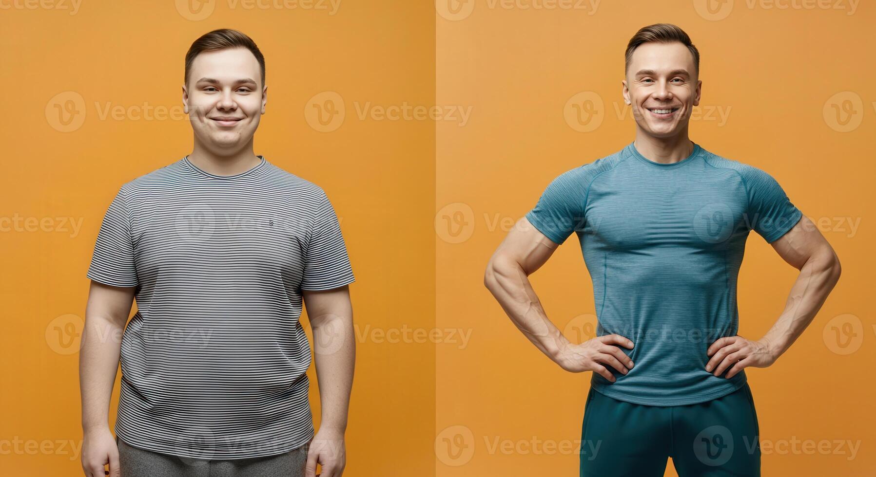 Transformation journey. young caucasian male fitness progress and motivation on orange background photo