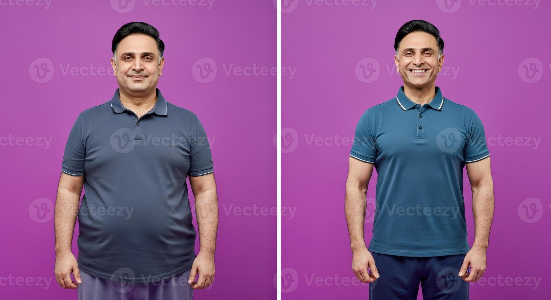 Transformation journey. before and after fitness results on colorful background photo
