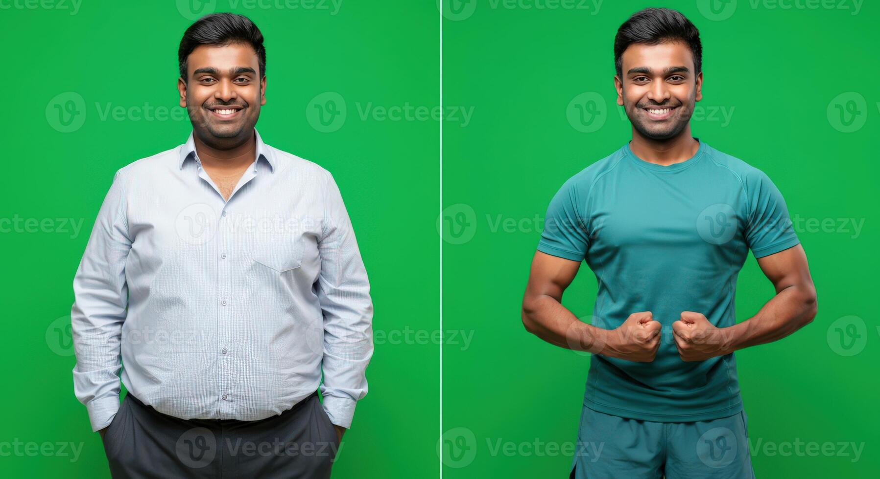 Transformation journey fitness and wellness concept with diverse models on green background photo