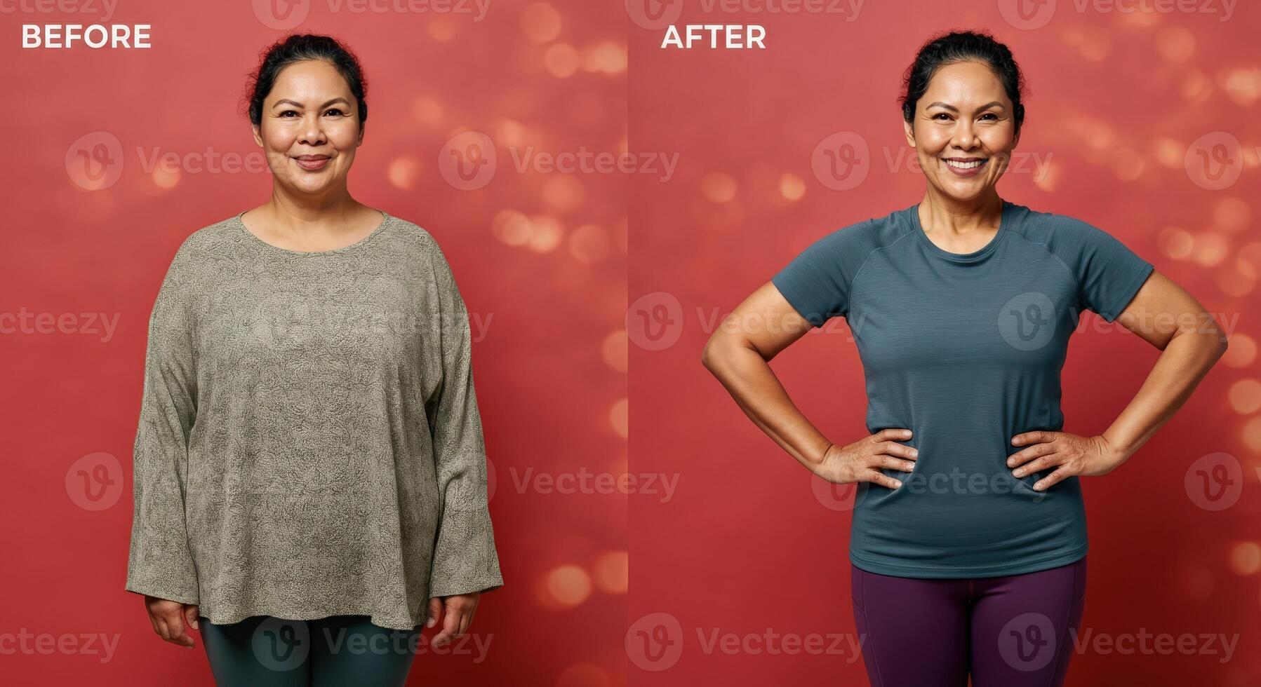 Before and after transformation fitness journey with smiling middle-aged woman, celebrating health and wellness photo