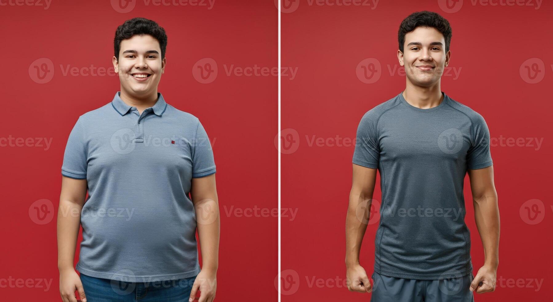 Transformation success. fitness journey before and after on red background photo