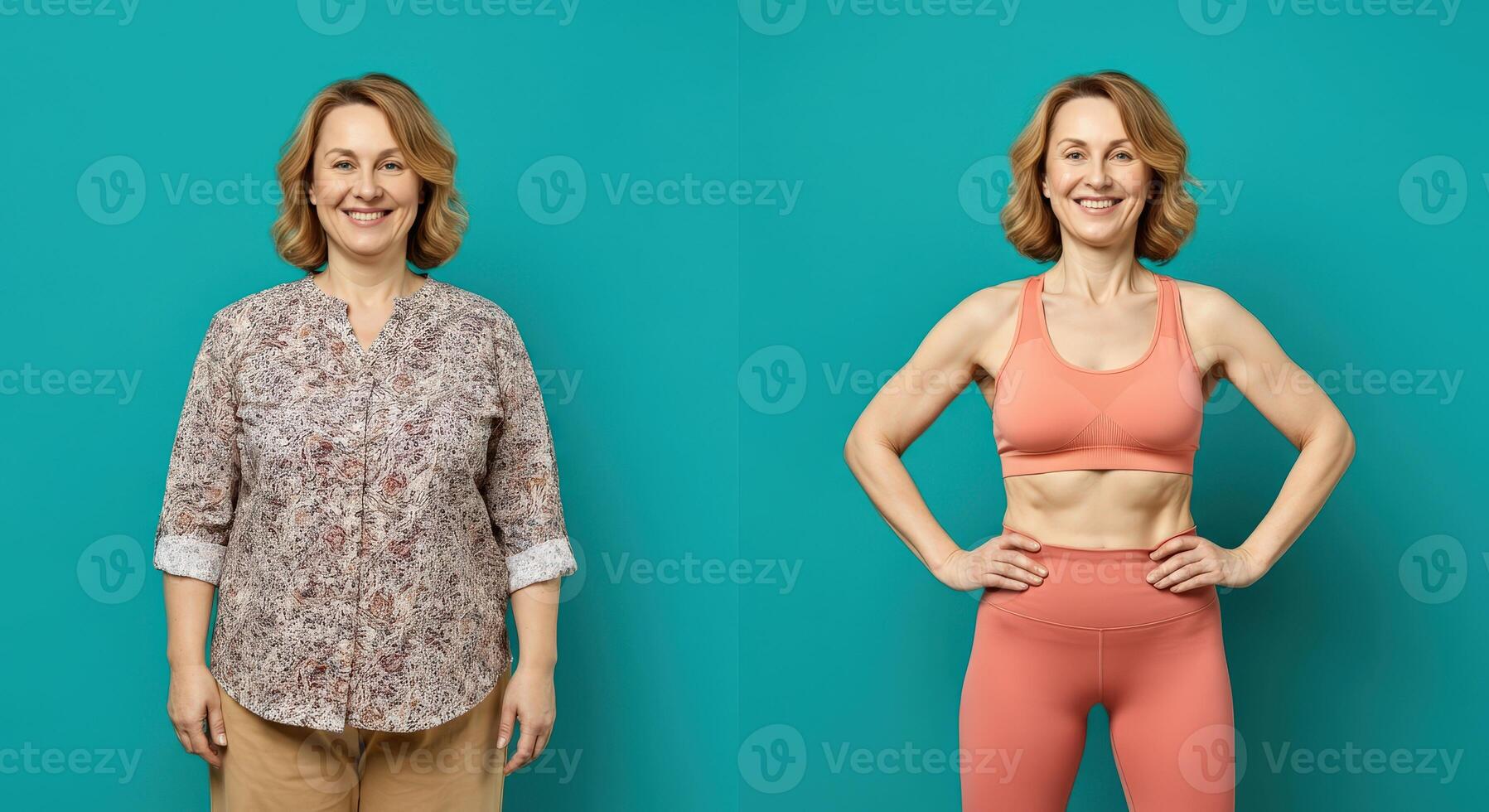 Transformation journey, health, and fitness, before and after concept, vibrant teal background photo