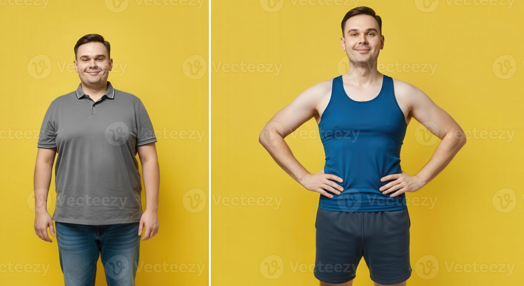 Transformation journey. caucasian male before and after weight loss on yellow background photo