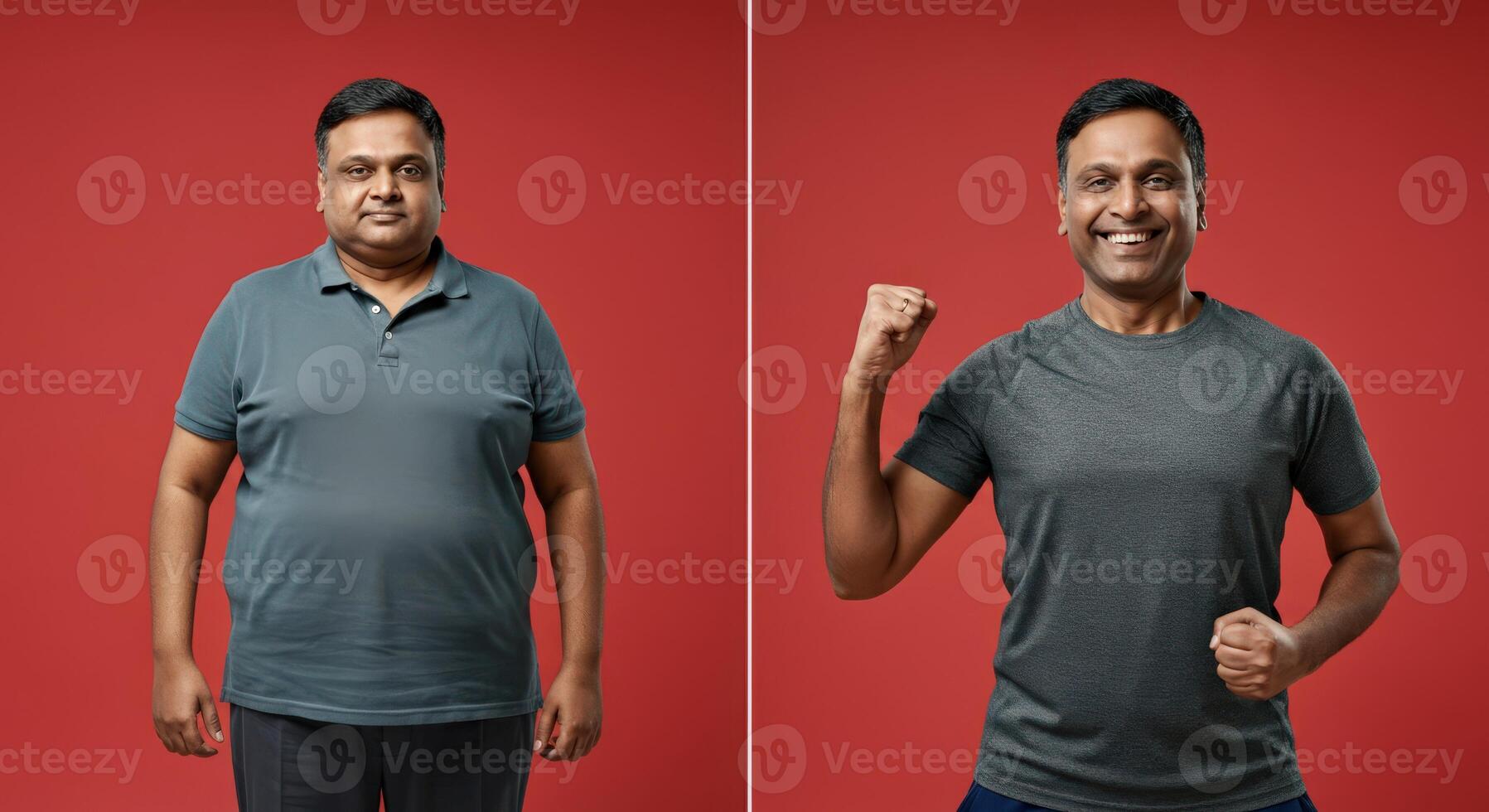 Transformation journey of indian man in fitness and wellness on red background for motivational design photo