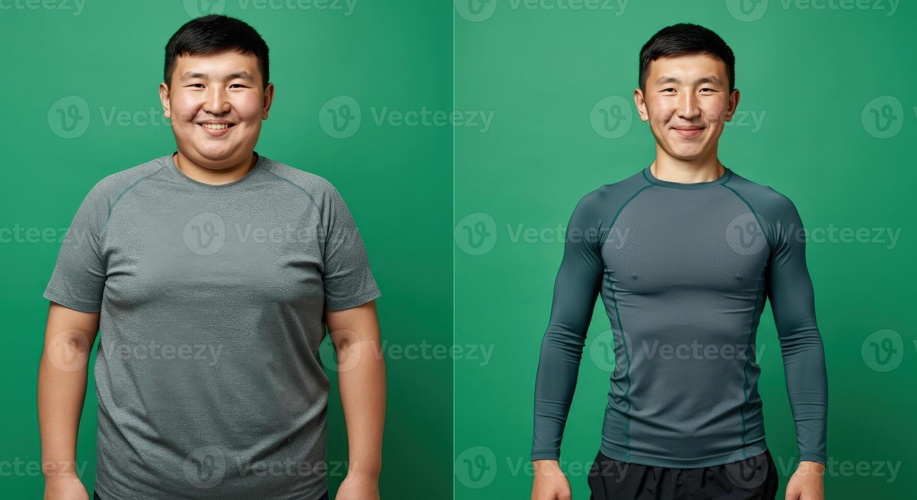 Transformation journey portrait of a smiling man in activewear on green background for fitness motivation photo
