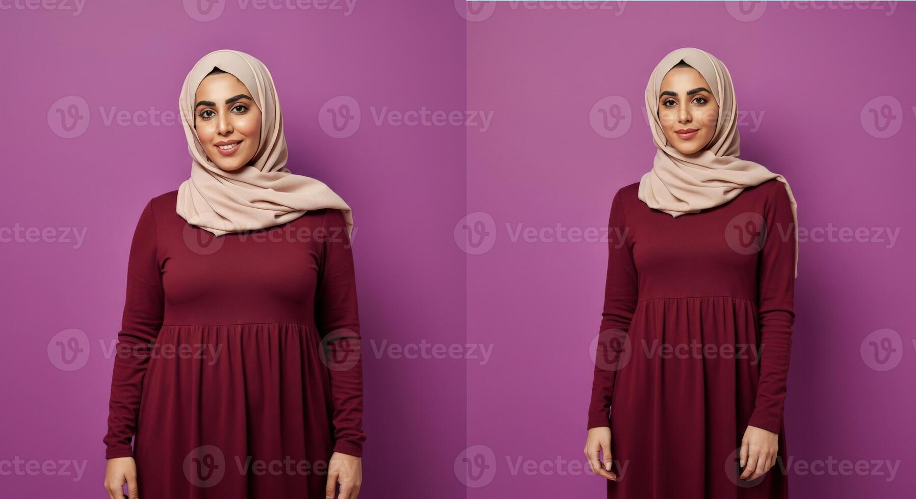 Elegant portraits of a woman in hijab on purple background, perfect for cultural and fashion themes photo