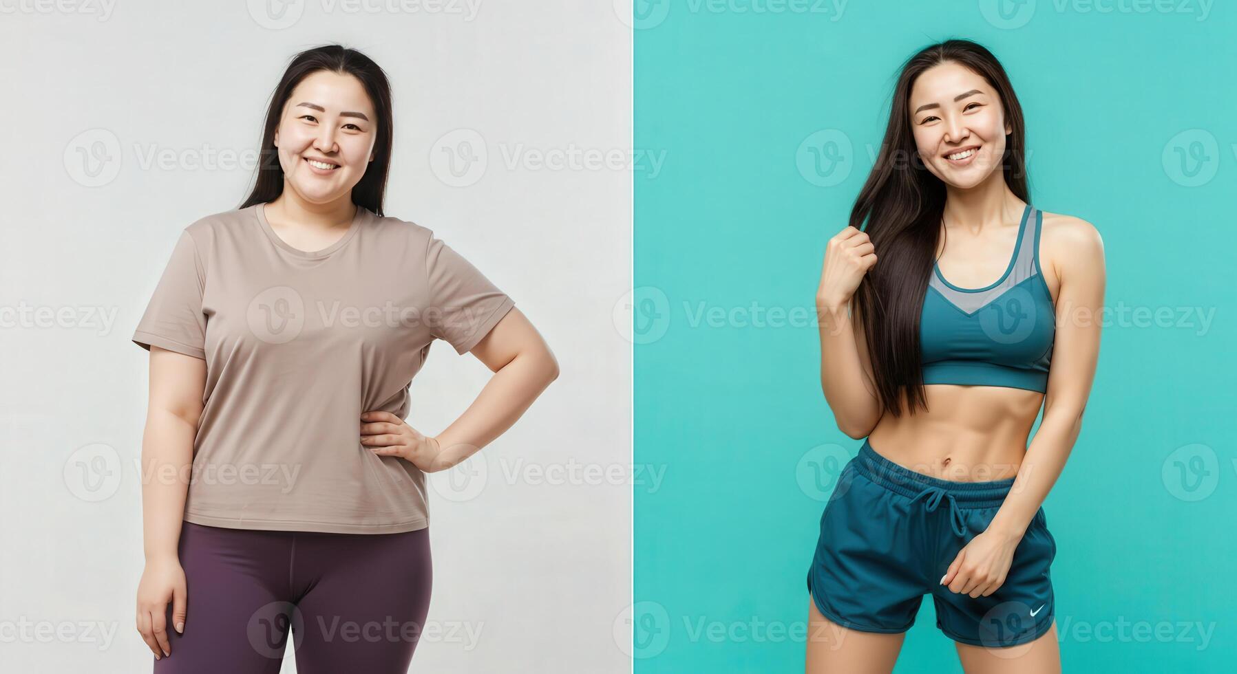 Transformation journey, fitness goals concept, diverse models, before and after athletic transition, motivational photo