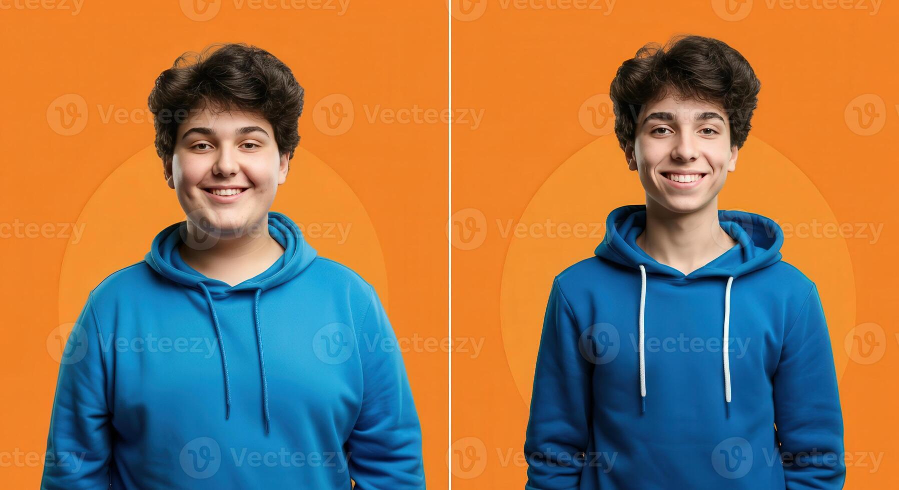 Transformation concept, dual portrait in blue hoodie against vibrant orange background photo