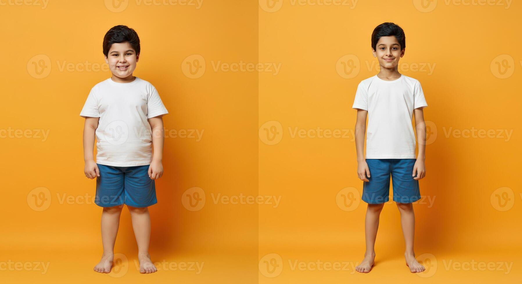 Conceptual diversity and growth of children in white t-shirts against orange background for design photo