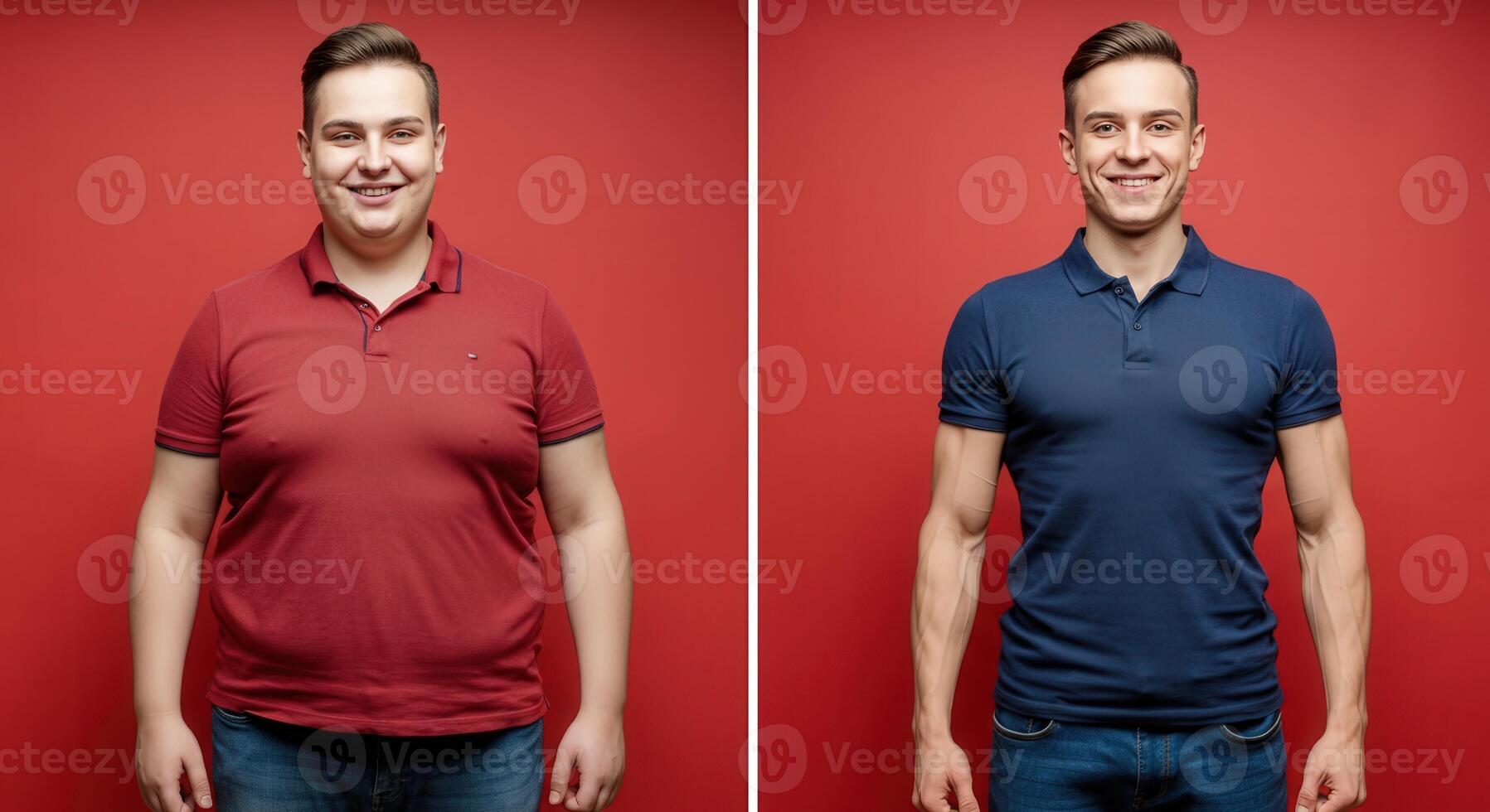 Transformation journey, fitness progress, before and after comparison, red and blue contrast photo