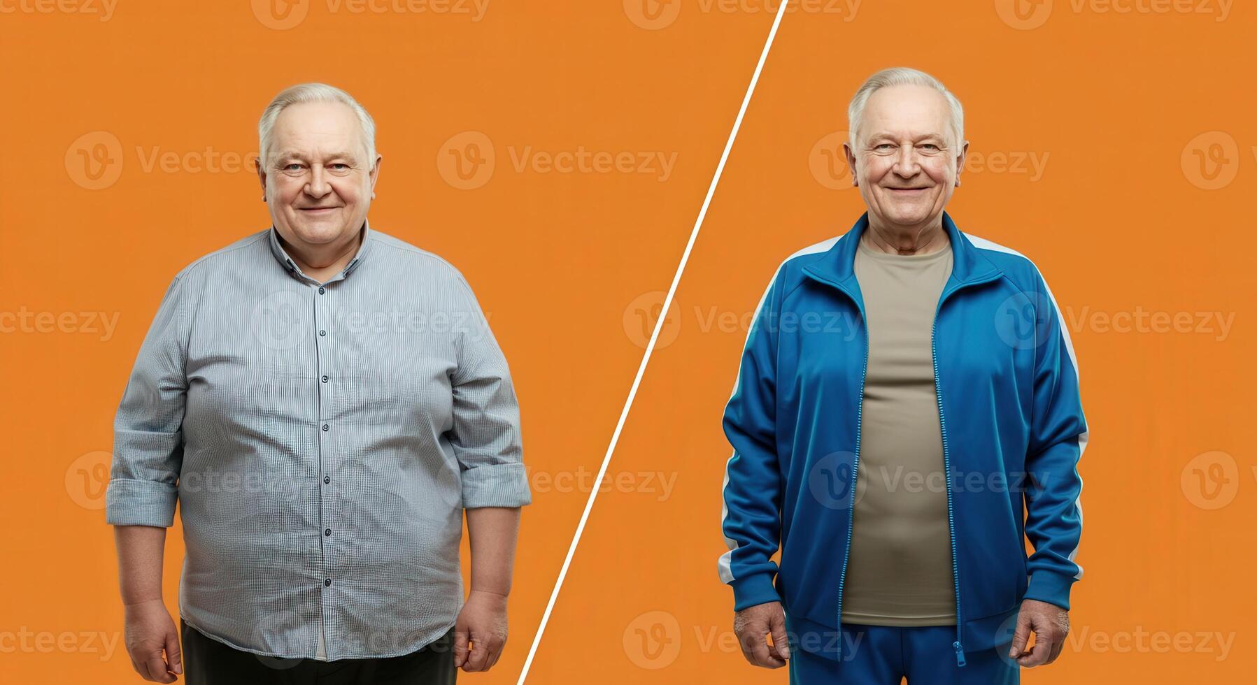 Transformation journey of an elderly man in casual and sportswear on orange background for fitness and health concepts photo