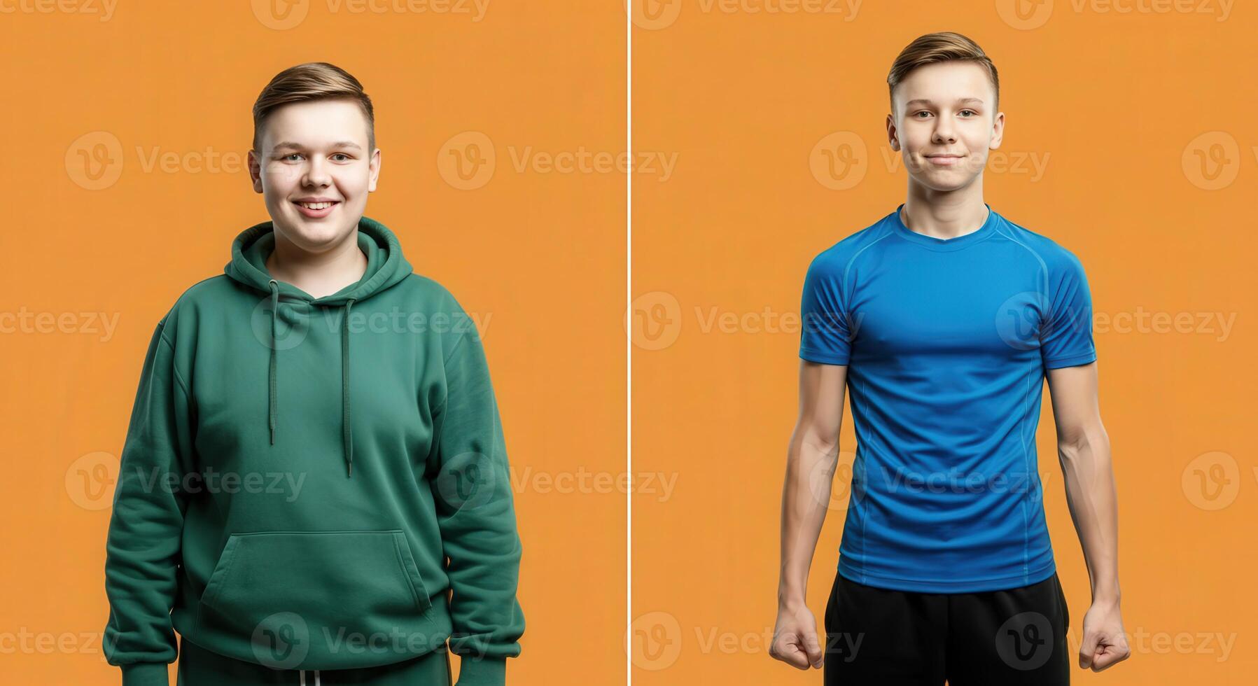 Transformation journey of a young boy, before and after weight loss against orange background photo