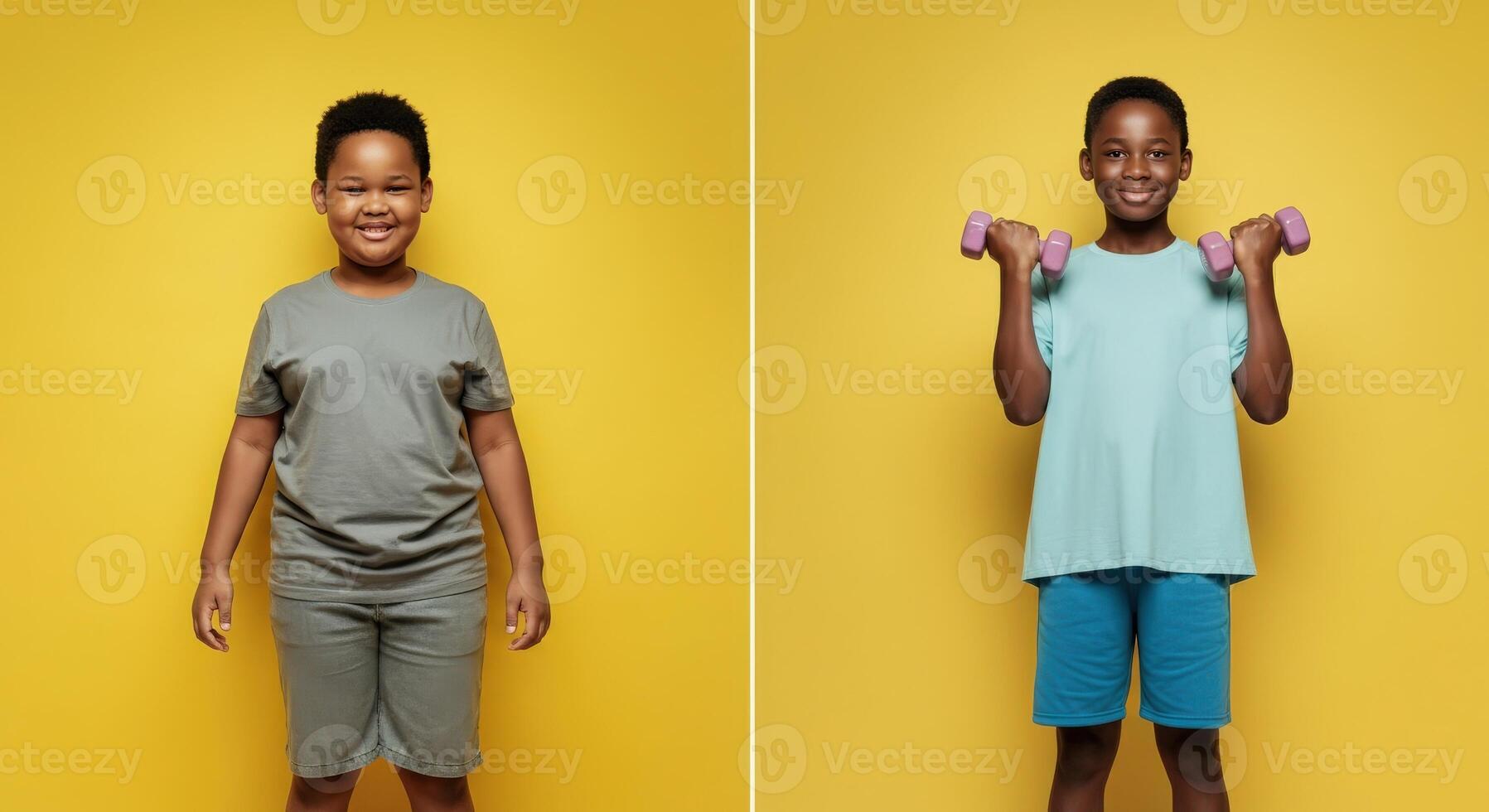 Vibrant portraits of diverse children embracing fitness and joy on yellow backgrounds for health awareness and positive vibes photo
