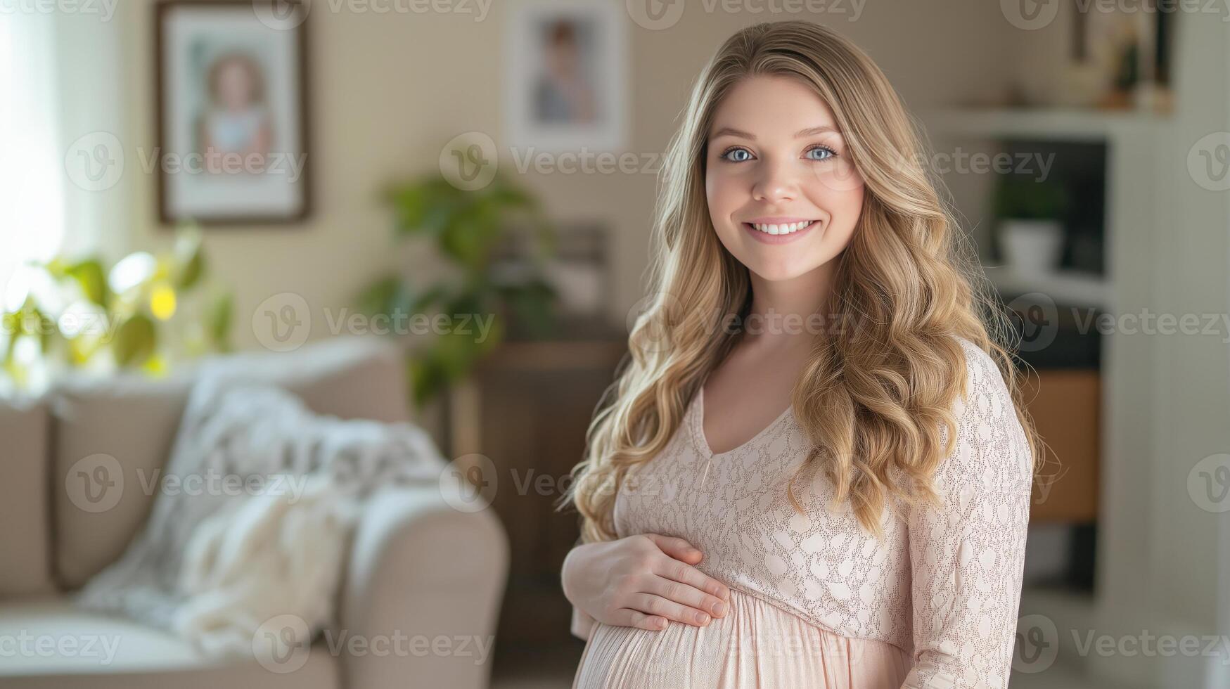 Radiant young pregnant woman smiling indoors in a cozy room setting for maternity bliss photo