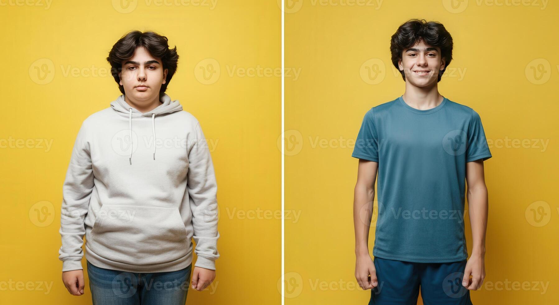Transformation concept featuring diverse teens in casual outfits on bright background photo