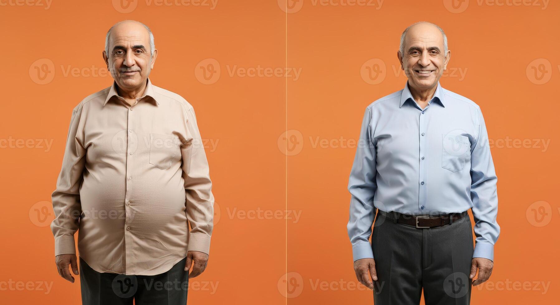 Transformation and wellness journey. before and after portrait of a mature man on orange photo