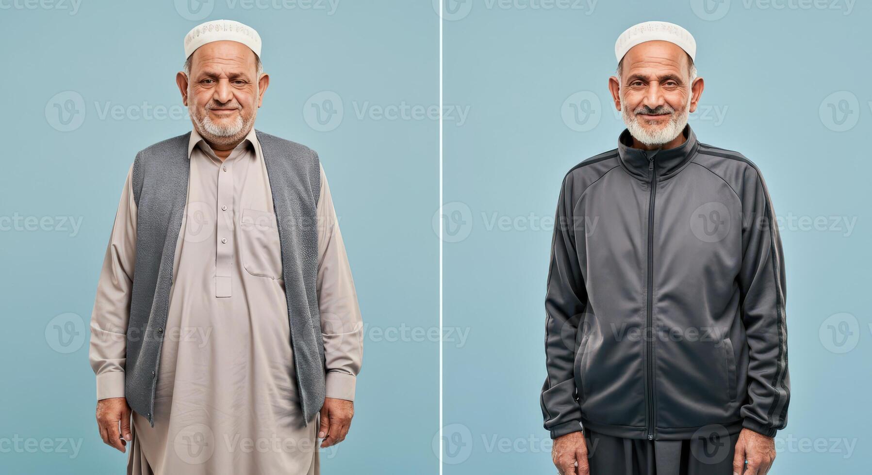 Portraits of elderly men in traditional and modern attire on blue background for multicultural diversity purposes photo