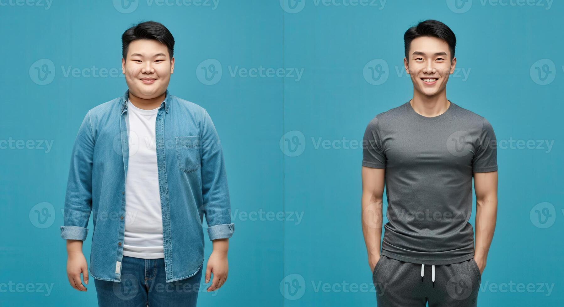 Transformation journey, fitness progress, health and wellness concept, before and after, diverse models, blue background photo